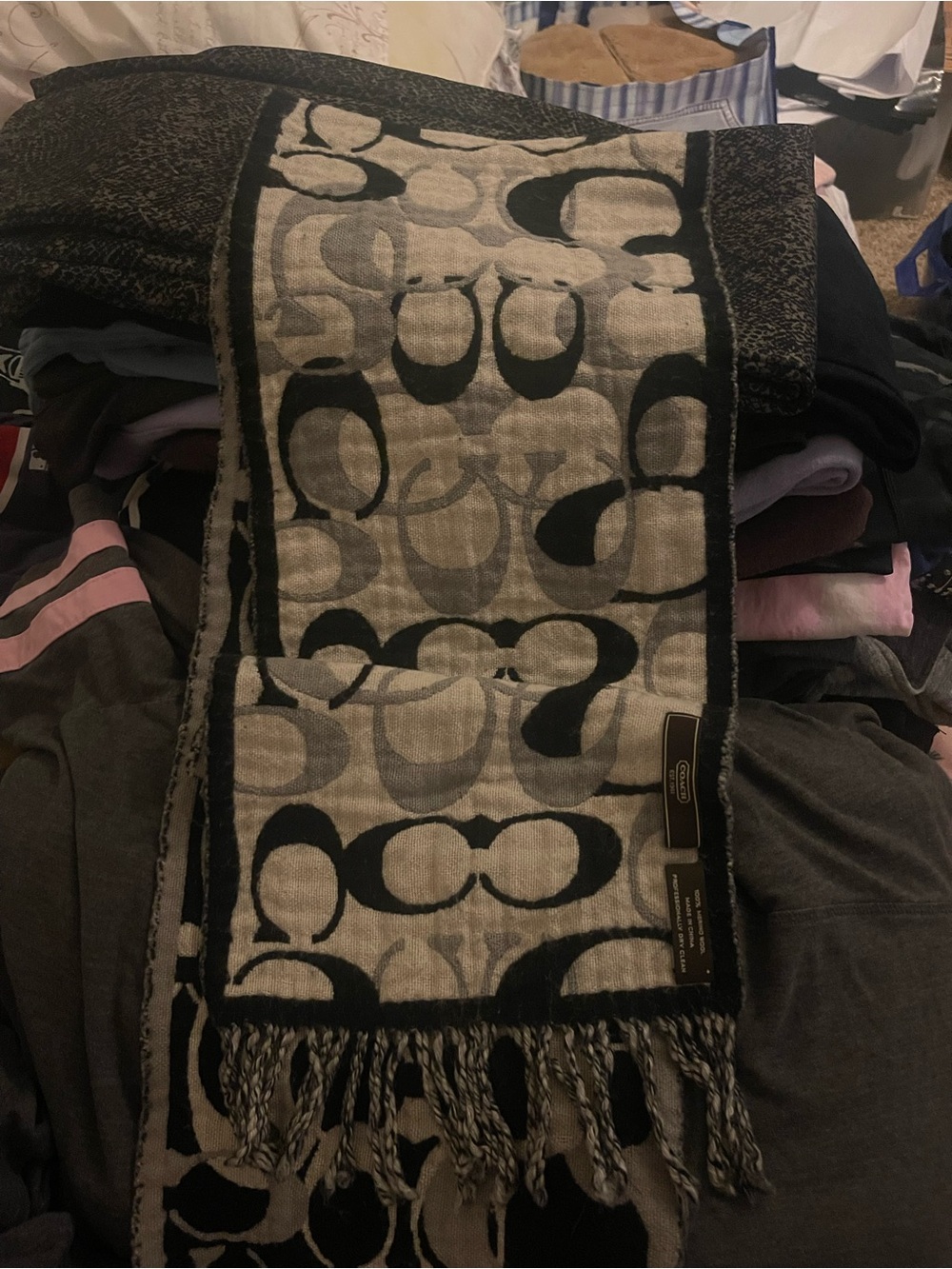 Coach Black and Cream Signature Logo Fringe Scarf